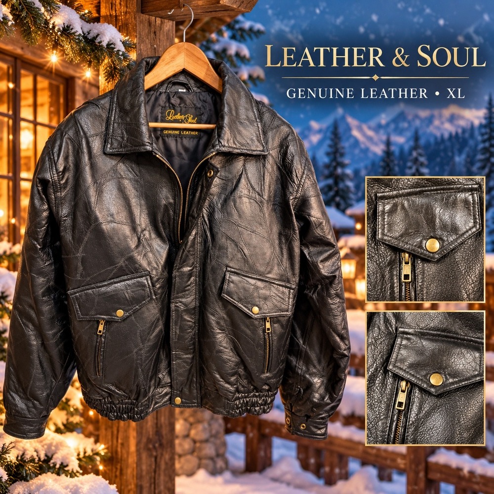 Leather & Soul Mens Black Genuine Leather Patchwork Bomber Jacket XL New